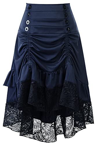 FEOYA Damen Steampunk Gothic Rock High-Low Saum Spitze Victorian Mittelalter Midi Rock für Halloween Cosplay Party A3 M von FEOYA