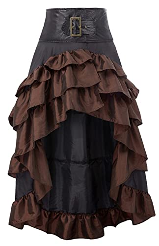 FEOYA Damen Steampunk Rock Irregular Lang Röcke Cocktail Cosplay Party Kostüme Festlich Unterrock Hersteller 3XL/DE Größe 44-46-Braun von FEOYA