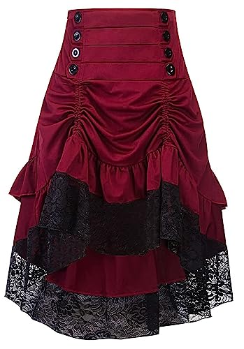 FEOYA Damen Steampunk Rock Irregular Lang Röcke mit Spitze Rüschen Vintage Cosplay Halloween Kostüme Festlich Unterrock Hersteller L/DE Größe 36-38-B-Rot von FEOYA