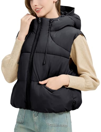 FEOYA Damen Steppweste Kapuze Pufferweste Kurze Stehkragen Daunenweste Ärmellos Winterjacke Hoodie Warm Übergangsweste Schwarz L von FEOYA