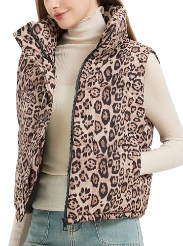 FEOYA Damen Steppweste Kurze Pufferweste Stehkragen Daunenweste Leopard Warm Ärmellos Winterjacke Übergangsweste mit Taschen Beige M von FEOYA