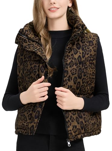FEOYA Damen Steppweste Kurze Pufferweste Stehkragen Daunenweste Leopard Warm Ärmellos Winterjacke Übergangsweste mit Taschen Braun XL von FEOYA
