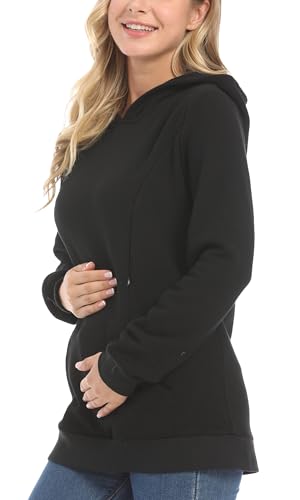 FEOYA Damen Stilloberteil Winter Langarm Umstandskleid Mode Schwanger Umstandspullover Dick Nursing Umstandstop Soild Umstandsmode Stillshirts Stillen Mit Kapuze Stillpullover Schwarz L von FEOYA
