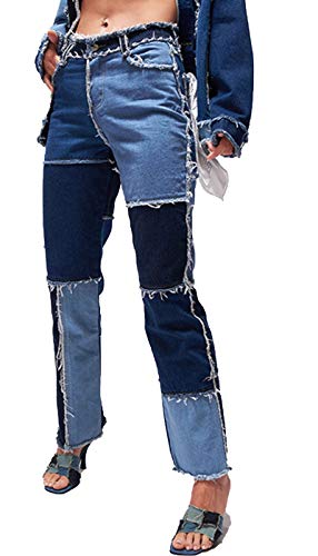 FEOYA Damen Stretch Jeans Patchwork Jeans mit Hoher Taille Enge Hüftjeans Straight Bunte Denim Hose-Blau-2XL von FEOYA