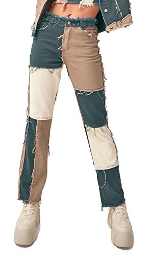 FEOYA Damen Stretch Jeans Patchwork Jeans mit Hoher Taille Enge Hüftjeans Straight Bunte Denim Hose-Grün-S von FEOYA