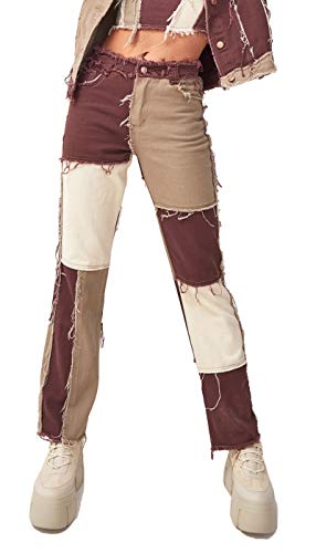 FEOYA Damen Stretch Jeans Patchwork Jeans mit Hoher Taille Enge Hüftjeans Straight Bunte Denim Hose-Kaffee-2XL von FEOYA
