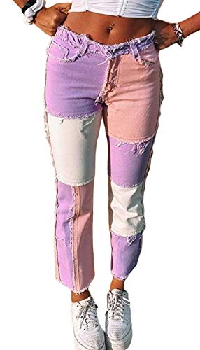 FEOYA Damen Stretch Jeans Patchwork Jeans mit Hoher Taille Enge Hüftjeans Straight Bunte Denim Hose-Rosa-2XL von FEOYA