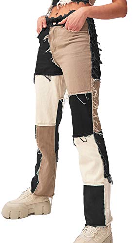 FEOYA Damen Stretch Jeans Patchwork Jeans mit Hoher Taille Enge Hüftjeans Straight Bunte Denim Hose-Schwarz-M von FEOYA