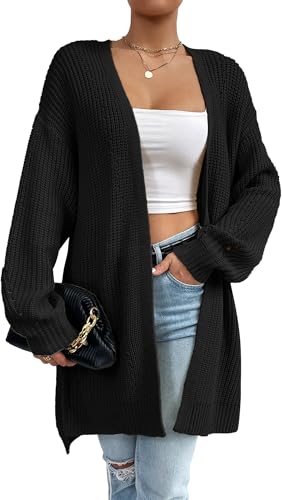 FEOYA Damen Strickjacke Oversize Grobstrick Cardigan Langarm Open Front Strickmantel Casual Elegant Sweater Herbst Winter Outerwear Schwarz M von FEOYA