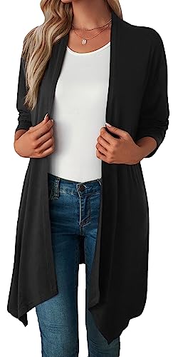 FEOYA Damen Strickjacke Vorne Offen Cardigan Dünn Langarm Gestrickt Jacke Klassisch Elegant Top Größe L-Schwarz von FEOYA