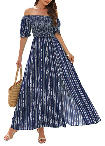 FEOYA Damen Tailliert Kleider Lang Sommerkleid Kurzarm Gedruckter Bohemien Schulterfrei Strandkleid Größe M/DE Größe 36-38-A-Navy von FEOYA