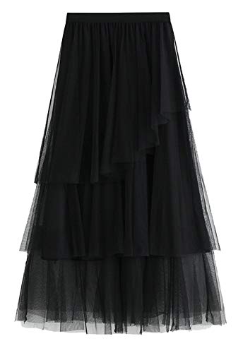 FEOYA Damen Tüllrock Unregelmäßig Prinzessin Pliseerock A-Linie Petticoat Lang Midi Röcke Hochzeit Unterrock - Schwarz von FEOYA