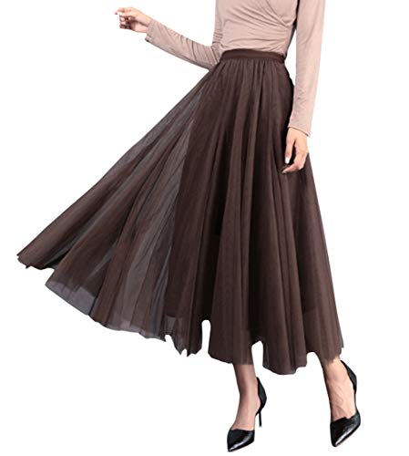 FEOYA Damen Tüllrock Weiche Tüll Petticoat A-Linie Elegant Lange Tutu Hohe Elastische Taille Midi-Rock Großer Saum Faltenrock Einheitsgröße - Braun von FEOYA