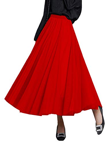 FEOYA Damen Tüllrock Weiche Tüll Petticoat A-Linie Elegant Lange Tutu Hohe Elastische Taille Midi-Rock Großer Saum Faltenrock - Rot von FEOYA