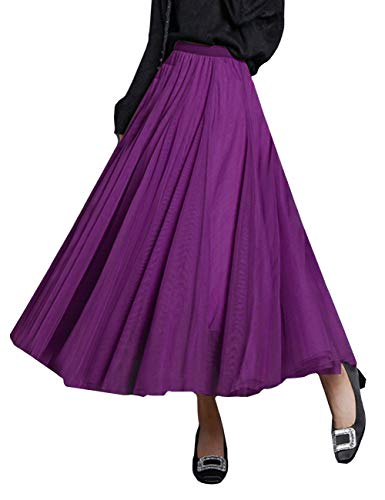 FEOYA Damen Tüllrock Weiche Tüll Petticoat A-Linie Elegant Lange Tutu Hohe Elastische Taille Midi-Rock Großer Saum Faltenrock - Violett von FEOYA