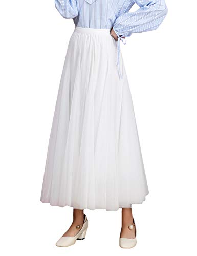 FEOYA Damen Tüllrock Weiche Tüll Petticoat A-Linie Elegant Lange Tutu Hohe Elastische Taille Midi-Rock Großer Saum Faltenrock - Weiß von FEOYA