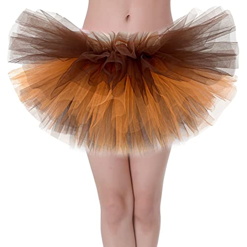 FEOYA Damen Tütü Rock 6 Lagen Petticoat Tanzkleid Erwachsene Klassischer Elastischer Tüll Tutu Rock Tanzpartys Kostüm Halloween Karneval Party Rock Braun Orange S von FEOYA