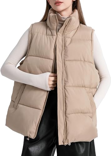 FEOYA Damen Übergroße Pufferweste Daunenweste Leicht Stehkragen Steppweste Ärmellos Winterjacke Warm Übergangsweste Beige XXL von FEOYA