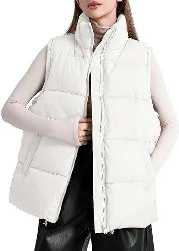 FEOYA Damen Übergroße Pufferweste Daunenweste Leicht Stehkragen Steppweste Ärmellos Winterjacke Warm Übergangsweste Weiß M von FEOYA