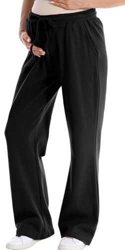 FEOYA Damen Umstandshose Lässig Bequeme Sweatpants Schwangerschafts Weitem Bein Hose Stretch Freizeithose Lange Lounge Hosen mit Verstellbarer Bund 2XL von FEOYA