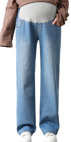 FEOYA Damen Umstandsjeans Stretch Freizeitjeans über dem Bauch Schwangerschaftshose Hohe Taille Umstandshosen Weites Bein Jeans Hose Umstandskleidung mit Tasch von FEOYA