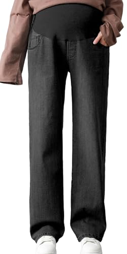 FEOYA Damen Umstandsjeans Stretch Freizeitjeans über dem Bauch Schwangerschaftshose Hohe Taille Umstandshosen Weites Bein Jeans Hose Umstandskleidung mit Tasch von FEOYA