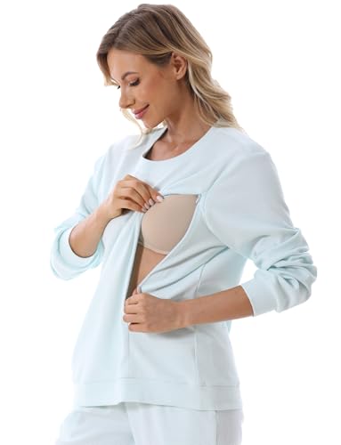FEOYA Damen Umstandsshirt Langarm Stillshirt Rundhals Schwangerschafts Oberteil Baumwolle Nursing Tops Casual Bequem Umstandstop L von FEOYA