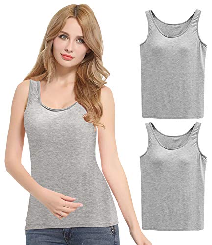 FEOYA Damen Unterhemd BH-Hemd Basic 2er Pack BH Push up Yoga Bügelloser U-Ausschnitt Eingebauter Bra Bügelloser Gepolstert Tank Tops Top Set Sport-BHS für Women-2*Grau-L von FEOYA