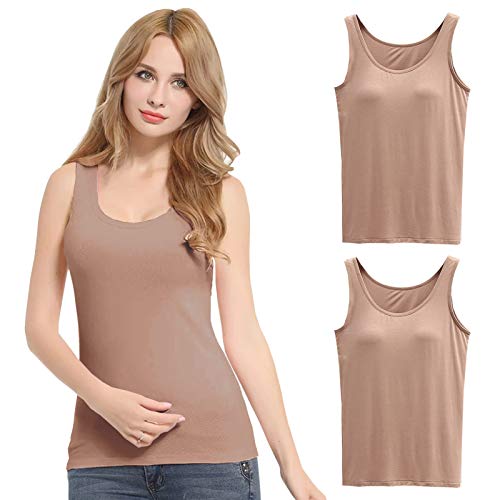 FEOYA Damen Unterhemd BH-Hemd Basic 2er Pack BH Push up Yoga Bügelloser U-Ausschnitt Eingebauter Bra Bügelloser Gepolstert Tank Tops Top Set Sport-BHS für Women-2*Khaki-S von FEOYA