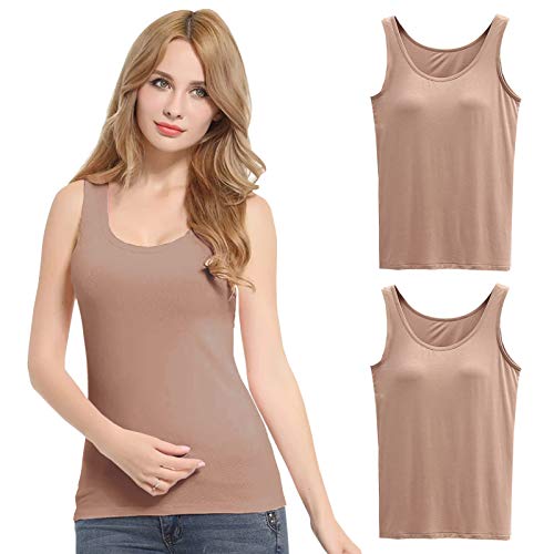 FEOYA Damen Unterhemd BH-Hemd Basic 2er Pack BH Push up Yoga Bügelloser U-Ausschnitt Eingebauter Bra Bügelloser Gepolstert Tank Tops Top Set Sport-BHS für Women-2*Khaki-XL von FEOYA