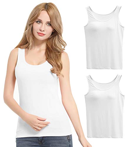 FEOYA Damen Unterhemd BH-Hemd Basic 2er Pack BH Push up Yoga Bügelloser U-Ausschnitt Eingebauter Bra Bügelloser Gepolstert Tank Tops Top Set Sport-BHS für Women-2*Schwarz-S von FEOYA