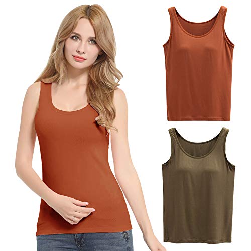 FEOYA Damen Unterhemd BH-Hemd Basic 2er Pack BH Push up Yoga Bügelloser U-Ausschnitt Eingebauter Bra Bügelloser Gepolstert Tank Tops Top Set Sport-BHS für Women-Braun+Grün-2XL von FEOYA