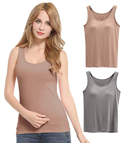 FEOYA Damen Unterhemd BH-Hemd Basic 2er Pack BH Push up Yoga Bügelloser U-Ausschnitt Eingebauter Bra Bügelloser Gepolstert Tank Tops Top Set Sport-BHS für Women-Khaki+Grau-L von FEOYA