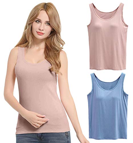 FEOYA Damen Unterhemd BH-Hemd Basic 2er Pack BH Push up Yoga Bügelloser U-Ausschnitt Eingebauter Bra Bügelloser Gepolstert Tank Tops Top Set Sport-BHS für Women-Rosa+Blau-S von FEOYA