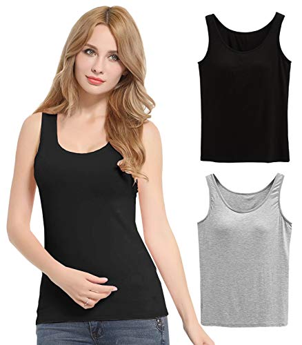 FEOYA Damen Unterhemd BH-Hemd Basic 2er Pack BH Push up Yoga Bügelloser U-Ausschnitt Eingebauter Bra Bügelloser Gepolstert Tank Tops Top Set Sport-BHS für Women-Schwaz+Grau-XL von FEOYA