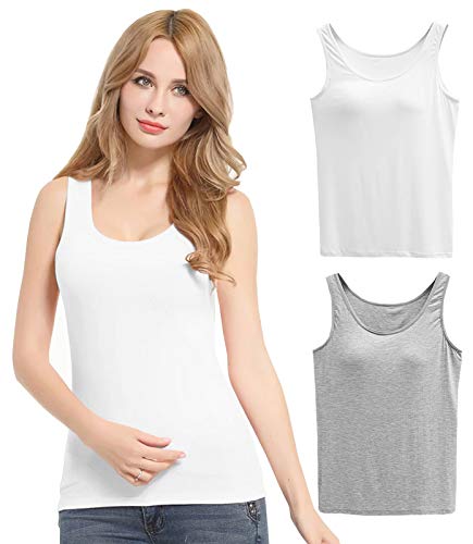 FEOYA Damen Unterhemd BH-Hemd Basic 2er Pack BH Push up Yoga Bügelloser U-Ausschnitt Eingebauter Bra Bügelloser Gepolstert Tank Tops Top Set Sport-BHS für Women-Weiß+Grau-2XL von FEOYA