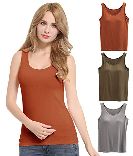 FEOYA Damen Unterhemd BH-Hemd Basic 3er Pack BH Push up Yoga Bügelloser U-Ausschnitt Eingebauter Bra Bügelloser Gepolstert Tank Tops Top Set Sport-BHS für Women-Braun+Grün+Grau-L von FEOYA