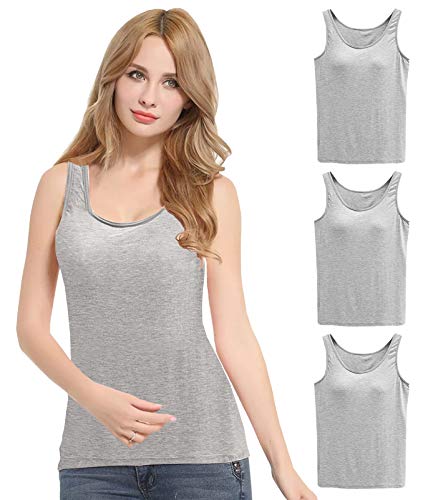 FEOYA Damen Unterhemd BH-Hemd Basic 3er Pack BH Push up Yoga Bügelloser U-Ausschnitt Eingebauter Bra Bügelloser Gepolstert Tank Tops Top Set Sport-BHS für Women-Grau-M von FEOYA