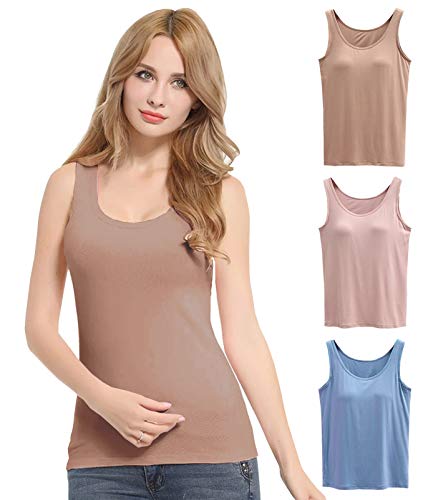 FEOYA Damen Unterhemd BH-Hemd Basic 3er Pack BH Push up Yoga Bügelloser U-Ausschnitt Eingebauter Bra Bügelloser Gepolstert Tank Tops Top Set Sport-BHS für Women-Rosa+Blau+Khaki-3XL von FEOYA