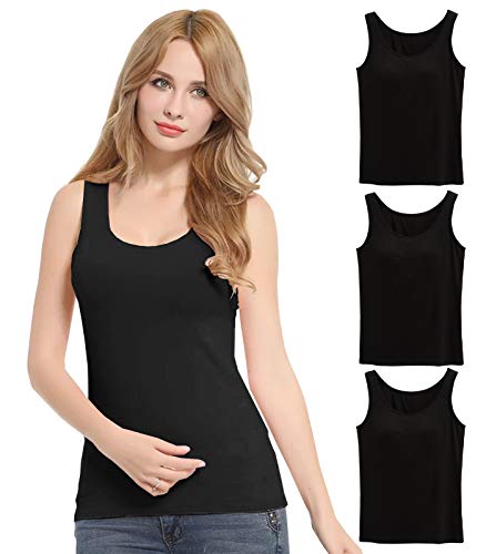 FEOYA Damen Unterhemd BH-Hemd Basic 3er Pack BH Push up Yoga Bügelloser U-Ausschnitt Eingebauter Bra Bügelloser Gepolstert Tank Tops Top Set Sport-BHS für Women-Schwarz-L von FEOYA