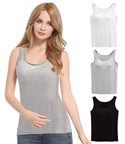 FEOYA Damen Unterhemd BH-Hemd Basic 3er Pack BH Push up Yoga Bügelloser U-Ausschnitt Eingebauter Bra Bügelloser Gepolstert Tank Tops Top Set Sport-BHS für Women-Weiß+Schwarz+Grau-2XL von FEOYA