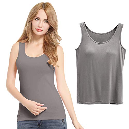 FEOYA Damen Unterhemd BH-Hemd Basic BH Push up Yoga Bügelloser U-Ausschnitt Eingebauter Bra Bügelloser Gepolstert Tank Tops Top Set Sport-BHS für Women-Grau-L von FEOYA