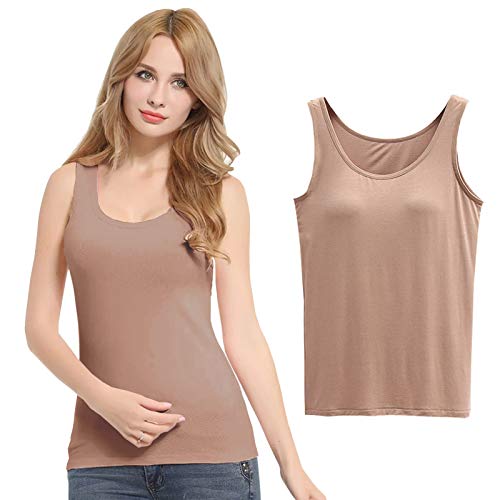 FEOYA Damen Unterhemd BH-Hemd Basic BH Push up Yoga Bügelloser U-Ausschnitt Eingebauter Bra Bügelloser Gepolstert Tank Tops Top Set Sport-BHS für Women-Khaki-XL von FEOYA