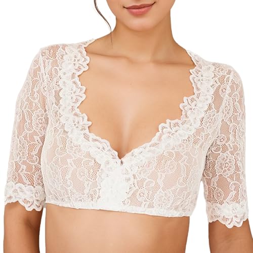 FEOYA Damen V-Ausschnitt Dirndlbluse Elegant Hochwertig Spitze Dirndlbluse Klassisch Exklusiv Bierfest Kleidung Mode Halbarm Trachtenbluse Weiß M von FEOYA