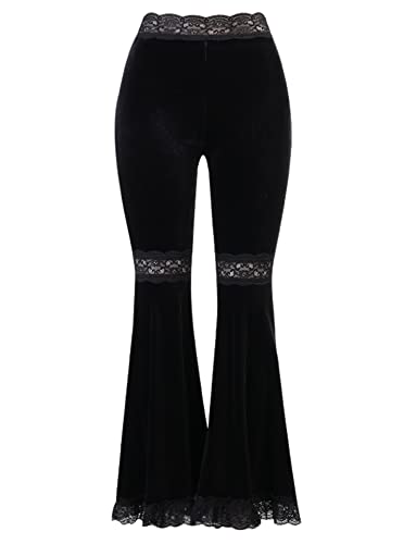 FEOYA Damen Vintage Goth Samt Flare Hose hohl aus Spitze Bell Bottom Hose Skinny weites Bein Flare Lange Hose A2 S von FEOYA
