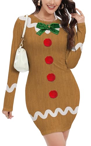 FEOYA Damen Weihnachten Party Kleider Langarm Midi-Länge Weihnachten Element Druck Pullover Kleid Slim Fit Party Festkleid L von FEOYA