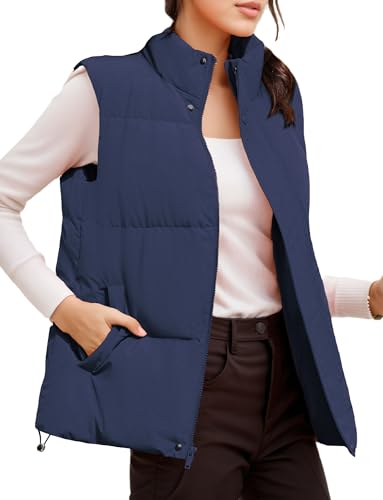 FEOYA Damen Weste Kurz Pufferweste Stehkragen Steppweste Ärmelloser Winterjacke Warm Winterweste mit Taschen Blau XXL von FEOYA