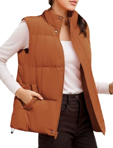 FEOYA Damen Weste Kurz Pufferweste Stehkragen Steppweste Ärmelloser Winterjacke Warm Winterweste mit Taschen Braun XXL von FEOYA