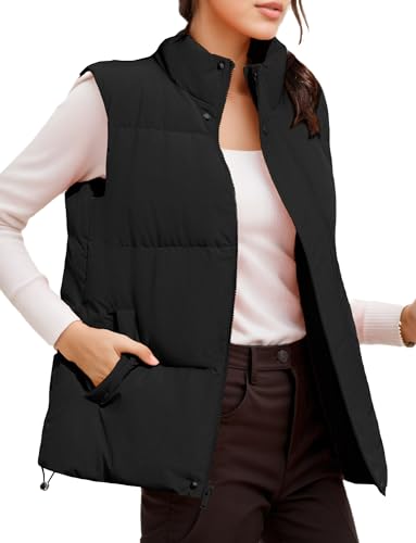 FEOYA Damen Weste Kurz Pufferweste Stehkragen Steppweste Ärmelloser Winterjacke Warm Winterweste mit Taschen Schwarz XXL von FEOYA
