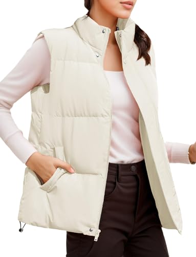 FEOYA Damen Weste Kurz Pufferweste Stehkragen Steppweste Ärmelloser Winterjacke Warm Winterweste mit Taschen Weiß XL von FEOYA